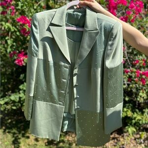 Vtg.3PC. 100% Silk-Green Crystal beaded jacket midi skirt and blouse.Size Large.
